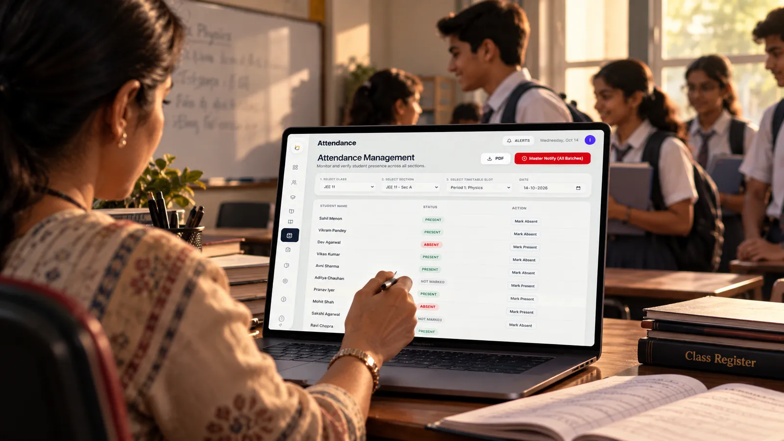 IntellSetu attendance being marked by class, section and timetable slot